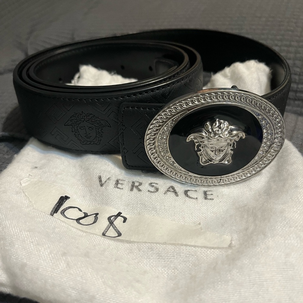 Versace Black Leather Belt with Silver Medusa Buckle